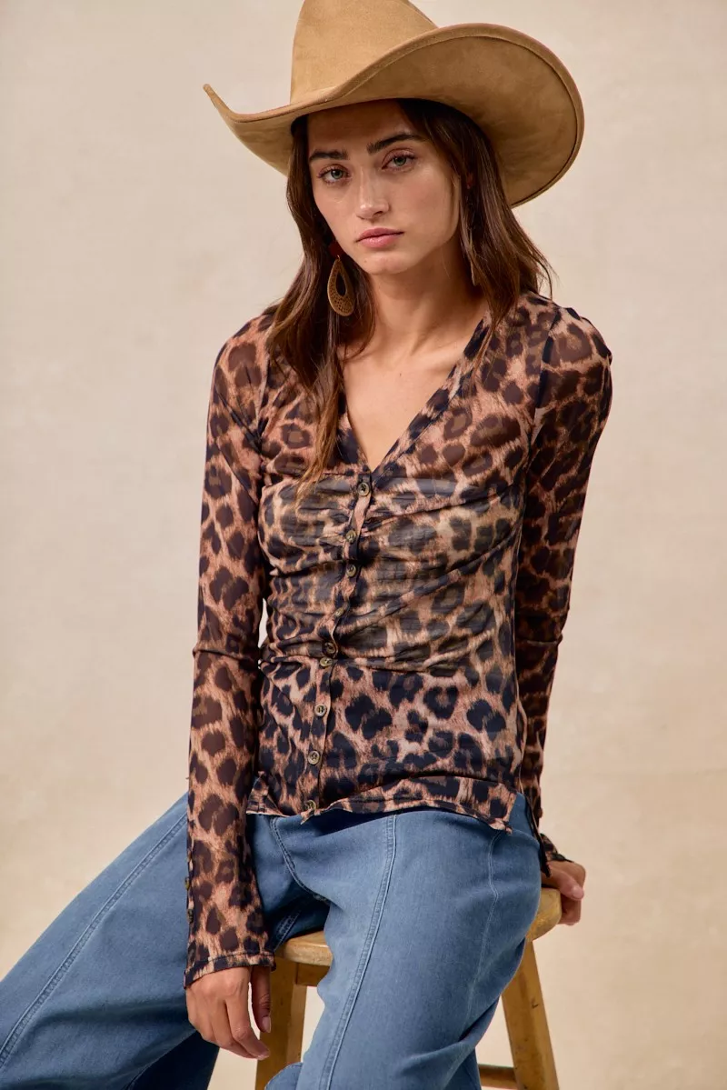 Leopard Printed Mesh Shirt With Button Up V Neck, image 11