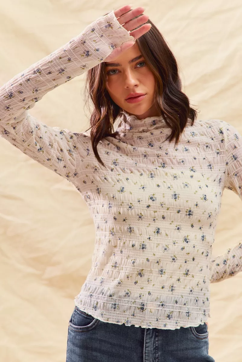 Floral Print Textured Long Sleeve Knit Top, image 9
