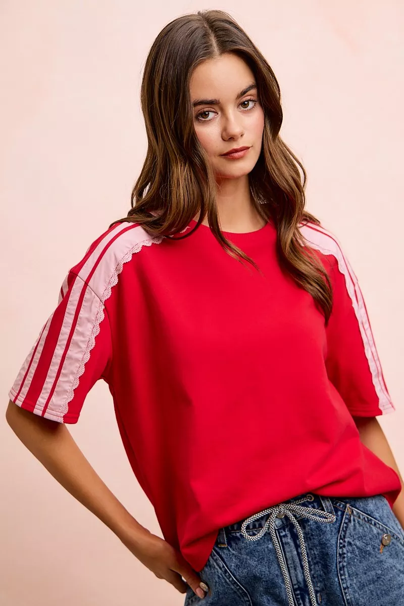 BiBi French Terry Side Lace Detail Short Sleeves Top, image 11